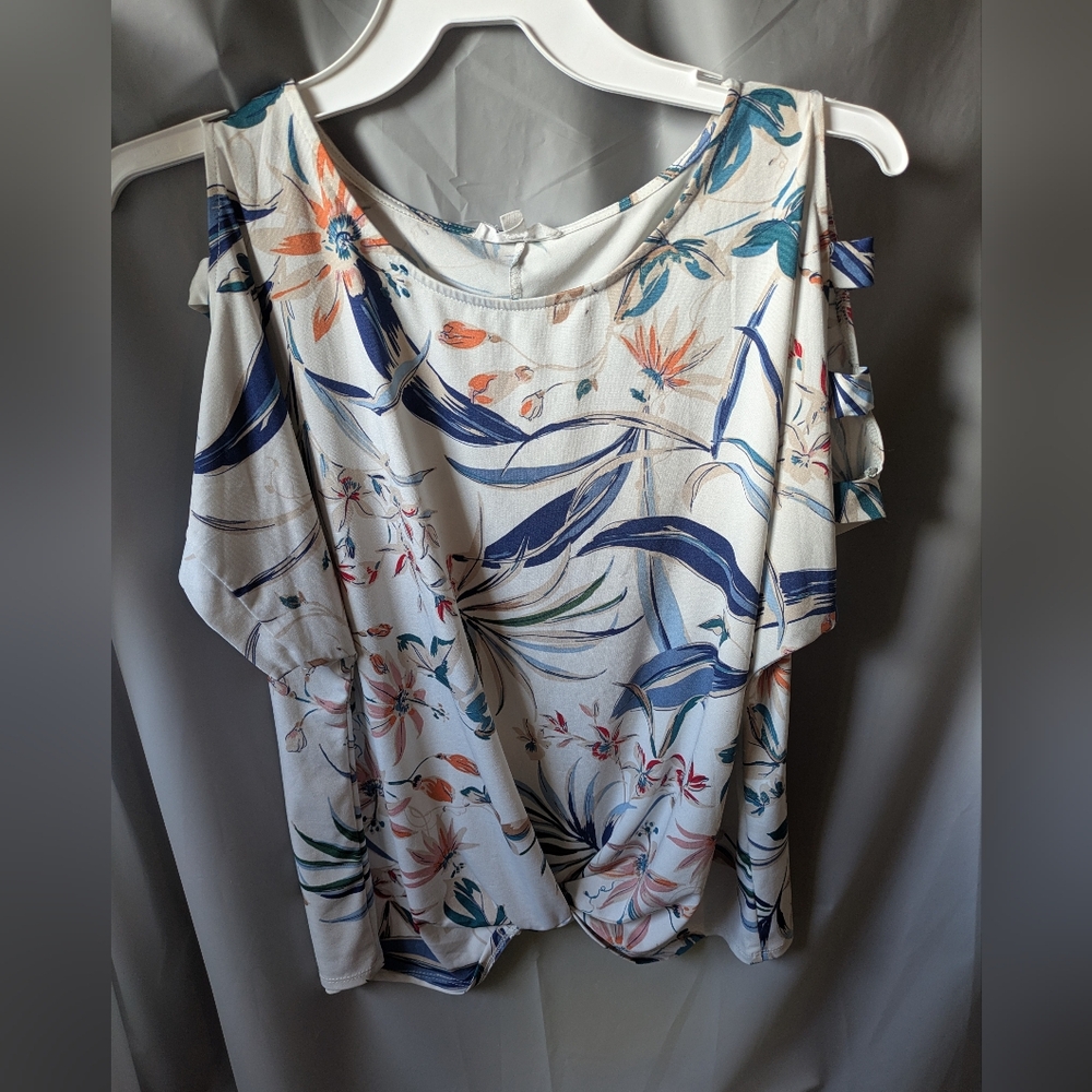 PerSeption Concept Floral Cold-Shoulder Blouse - Blue and Orange